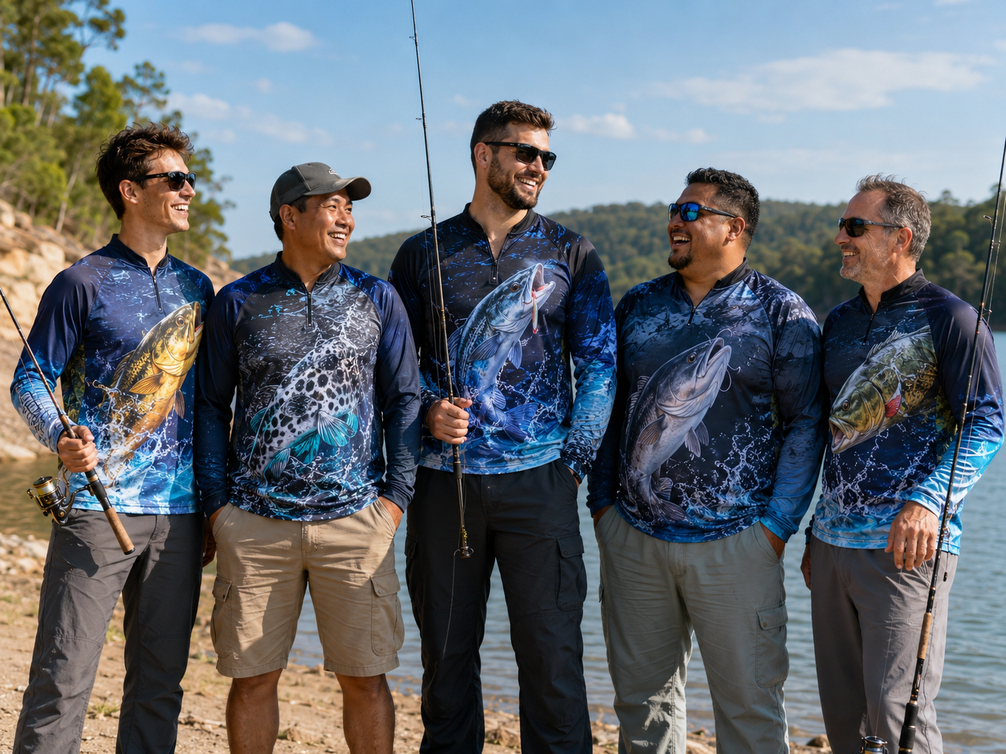 Grupo de pescaria usando camisetas sublimadas