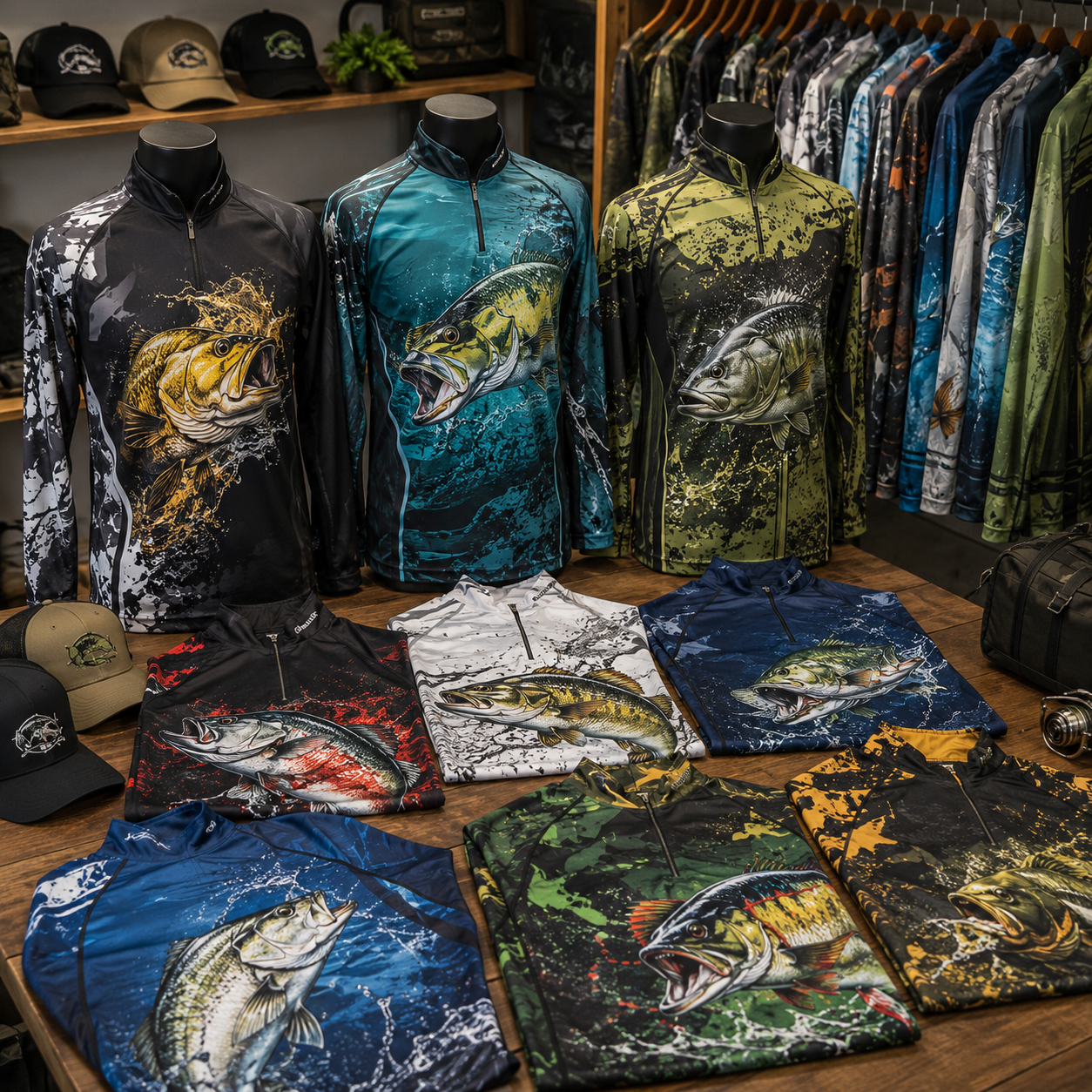 Camisetas de pescaria para lojas, marcas próprias e revenda