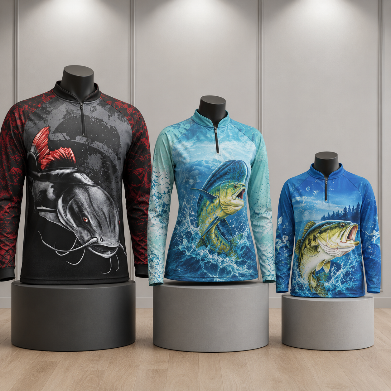 Modelos masculino, feminino e infantil de camisetas de pescaria